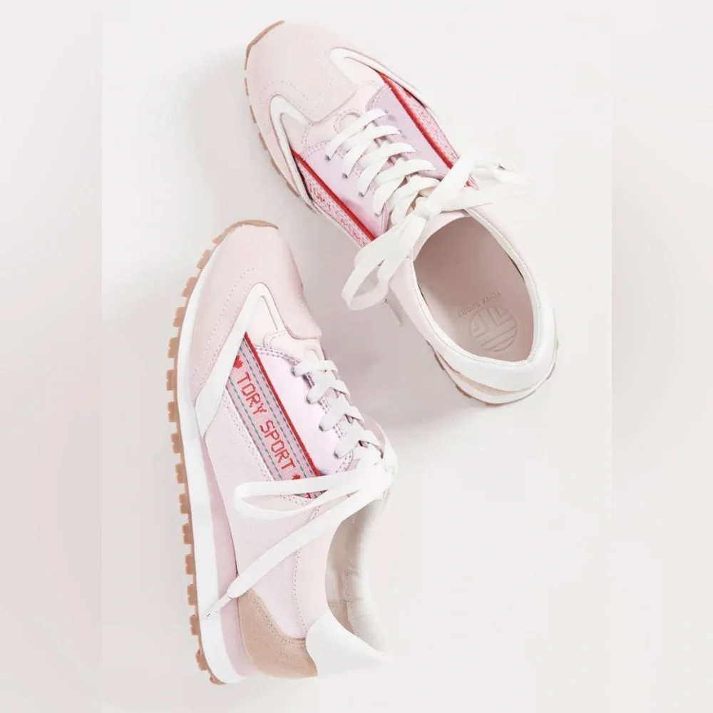 Tory Sport Banner Trainer Sneakers Pink White Leather Canvas 9.5 NIB